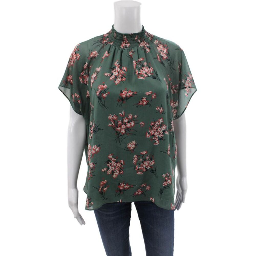 Madewell Women Floral High Neck Tunic Short Sleeve Green Size M